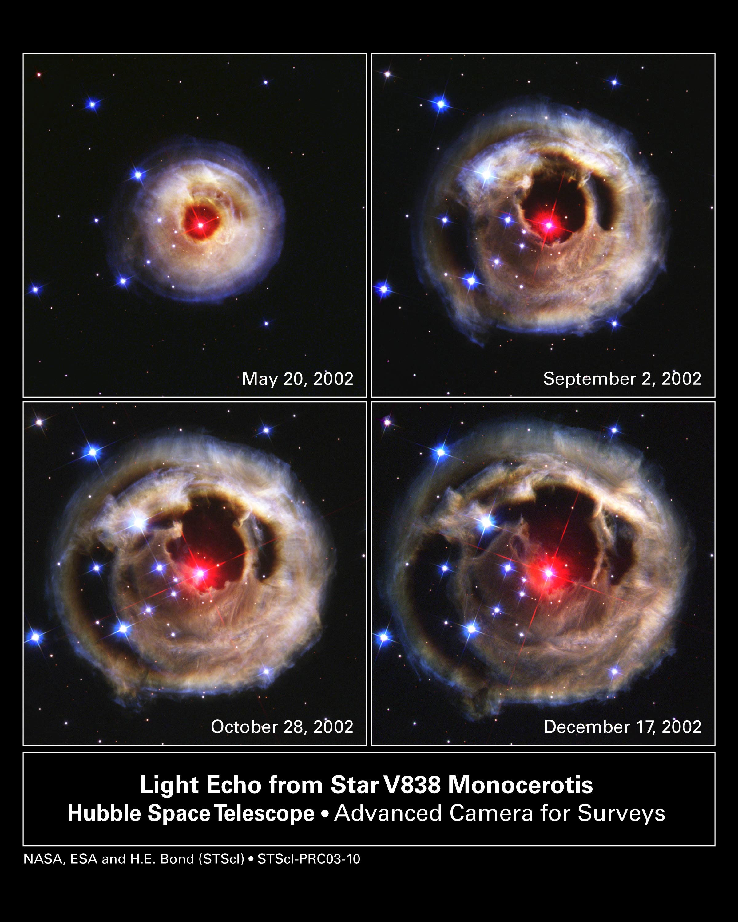 Zdjęcia echa świetlnego V838 Mon w ujęciu kosmicznego teleskopu Hubble'a.